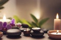 Spa beauty items on a table, massage stones, essential oils, salt, generative ai Royalty Free Stock Photo