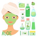 Beauty treatments with organic aloe vera cosmetics vector illustration