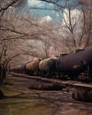 The beauty of the trees in bloom is contrasted by the harshness of the broken tanks rusting in the background. Abandoned Royalty Free Stock Photo
