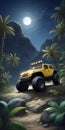 The Beauty of a Tropical Night: Painting of an Off-Road Car Through the Wilderness Under a Full Moon Royalty Free Stock Photo