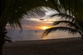 Beauty twilight with golden sun light sunset in ocean sea behind island. silhouette palm and coconut tree on sand beach romantic Royalty Free Stock Photo