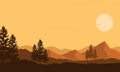 The beauty of the twilight sky with views of mountains and cypress trees silhouette. Vector illustration