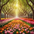 beauty of vibrant tulips in full blossom! These exquisite flowers burst forth in a kaleidoscope of colors, Royalty Free Stock Photo