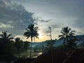 The beauty of the views of the rice fields and mountains in the village in the morning