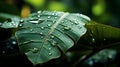 Glistening Serenity: Water Droplets on a Tropical Leaf Royalty Free Stock Photo