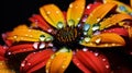 The beauty of water droplets on a flower petal in close up, showing the details and variations of the colors and reflections