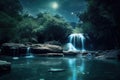 Beauty of a waterfall illuminated by the ethereal glow of the moonlight. Generative AI