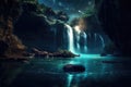 Beauty of a waterfall illuminated by the ethereal glow of the moonlight. Generative AI