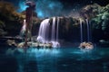 Beauty of a waterfall illuminated by the ethereal glow of the moonlight. Generative AI