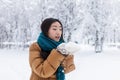 Beauty Winter Asian Girl Blowing Snow in frosty winter Park. Outdoors. Flying Snowflakes Royalty Free Stock Photo