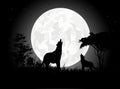 Beauty Wolf scream silhouettes with Giant Moon background