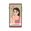 Beauty woman applying makeup. Female video blogger. People doing review on phone screen. Hand drawn style vector.