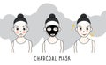 Beauty woman with charcoal mask on face. vector illustration sheet black treatment facial.