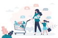 Beauty woman and children after shopping. Lady holding newborn baby and shopping trolley