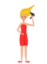 Beauty woman dries hair with a hairdryer. Cartoon style. Vector illustration