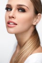 Beauty Woman Face. Beautiful Female With Makeup, Long Eyelashes Royalty Free Stock Photo