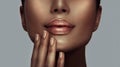 Beauty woman face closeup, lips and nails close-up, beautiful African American model girl`s mouth, healthy skin. Make-up Royalty Free Stock Photo