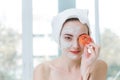 Beauty woman face mask skin care with Tomato vitamin treatment in spa concept Royalty Free Stock Photo