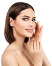 Beauty Woman Face Skin Care. Smiling Model with Natural Make up and Hands on Cheeks looking at camera over White. Women Manicure Royalty Free Stock Photo