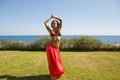 Beauty. woman with fit belly. Spa and relax. Summer vacation and travel. Suntan. Woman dancing with body. Perfect Royalty Free Stock Photo