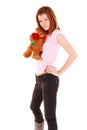 Beauty woman holding teddy bear.