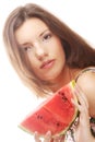 Beauty woman holding watermelon in her hand Royalty Free Stock Photo