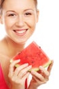 Beauty woman holding watermelon in her hand Royalty Free Stock Photo
