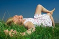 Beauty woman lie on grass