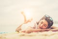 Beauty woman lying on beach. Sea and ocean background People and Royalty Free Stock Photo