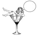 Beauty woman in martini glass engraving vector