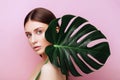 Beauty Woman with natural green palm leaf Portrait Royalty Free Stock Photo