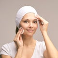 Beauty woman natural make up. Remove mascara. Cotton pad Royalty Free Stock Photo