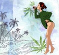 Beauty woman on ocean palm trees beach, hand drawn. Watercolor paper background. Vector image