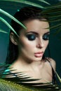 Beauty woman in palm leaves wet makeup, tropical portrait girl in green swimsuit in branches palm tree in studio, smoke and Royalty Free Stock Photo