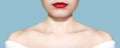 Beauty woman portrait white skin and red lips closeup over blue background studio Royalty Free Stock Photo