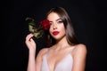 Beauty woman with rose flower, beautiful fashion girl, headshot portrait on a black background. Royalty Free Stock Photo