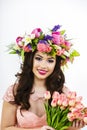 Beauty Woman with Spring Flower bouquet. Beautiful girl with a B Royalty Free Stock Photo