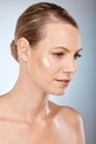 Beauty, woman and thinking with skincare cream on face for body care, health and cosmetic treatment. Natural, sunscreen Royalty Free Stock Photo