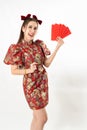 Beauty woman wear cheongsam and take Red envelopes in chinese new year Royalty Free Stock Photo