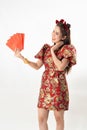 Beauty woman wear cheongsam and take Red envelopes in chinese new year Royalty Free Stock Photo