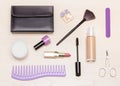 Beauty women essentials on light wood table flat lay Royalty Free Stock Photo