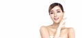 Beauty Young asian woman with perfect facial skin. Gestures for advertisement treatment spa and cosmetology Royalty Free Stock Photo