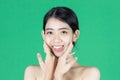 Beauty young Asian woman touching her face over green isolated background. Healthy skin care concept Royalty Free Stock Photo