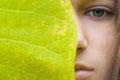 Beauty young blonde woman with green eyes without make up. Teen girl model and big green leaf Royalty Free Stock Photo