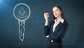 Beauty young business woman standing near sketches of Ethereum crypto currency coin. Business concept of Ethereum icon.