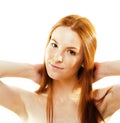 Beauty young redhead woman with red flying hair, funny ginger fr Royalty Free Stock Photo