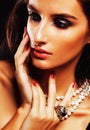 Beauty young sencual woman with jewellery close up, luxury portrait of rich real girl Royalty Free Stock Photo