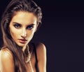 Beauty young woman with jewellery close up, luxury portrait of rich real girl, party makeup Royalty Free Stock Photo