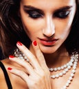 Beauty young woman with jewellery close up, luxury portrait of rich real girl, party makeup Royalty Free Stock Photo