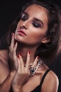 beauty young sencual woman with jewellery close up, luxury portrait of rich real girl, party makeup Royalty Free Stock Photo